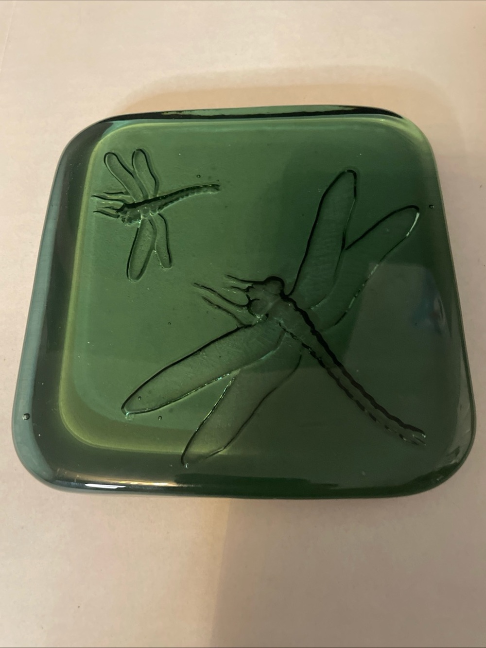 Dragonfly Green Glass Square Block Embossed Glass Tile Decor Paperweight 5.5”
